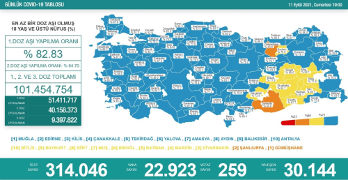 Trkiye'de son 24 saatte 22 bin 923 kiinin testi pozitif kt, 259 kii hayatn kaybetti