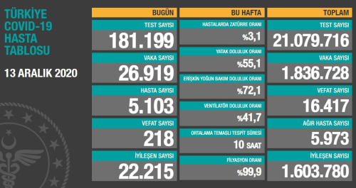 13 Aralk koronavirs tablosu akland: 13 Aralk Trkiye'de bugn koronavirsten ka kii ld, ka kii iyileti? 13 Aralk gerek vaka says ka?