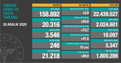 20 Aralk Pazar koronavirs tablosu akland! 20 Aralk Pazar gn Trkiye'de bugn koronavirsten ka kii ld, ka kii iyileti?