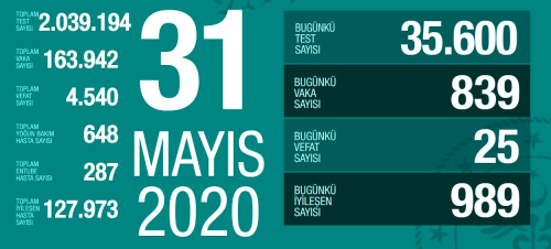 31 Mays Pazar koronavirs tablosu Trkiye! Koronavirsten dolay ka kii ld? Koronavirs vaka, iyileen, entbe says ve son durum ne?