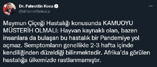 Bakan Fahrettin Koca'dan maymun iei hastal aklamas Aklamas