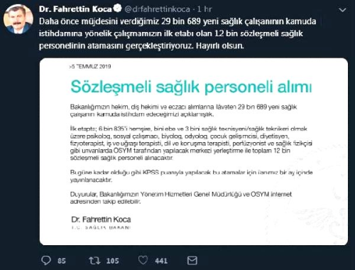 Bakan Koca: 12 bin szlemeli salk personeli alacaz