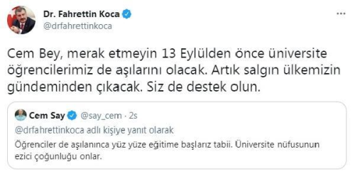 Bakan Koca: 13 Eyll'den nce niversite rencilerimiz de alarn olacak