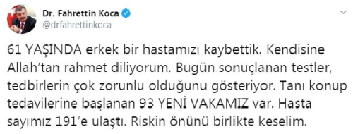 Bakan Koca: 61 yanda erkek bir hastamz kaybettik