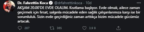Bakan Koca: Akam 20.00'de evde olalm