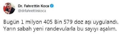 Bakan Koca: Bugn 1 milyon 405 bin 579 doz a uyguland