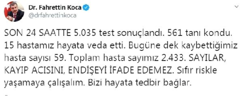 Bakan Koca: Bugne dek kaybettiimiz hasta says 59