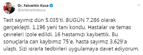 Bakan Koca: Can kaybmz 75'e, hasta saymz 3629'a ulat
