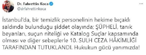 Bakan Koca'dan, stanbul'da hekime bakl saldr olayna ilikin aklama