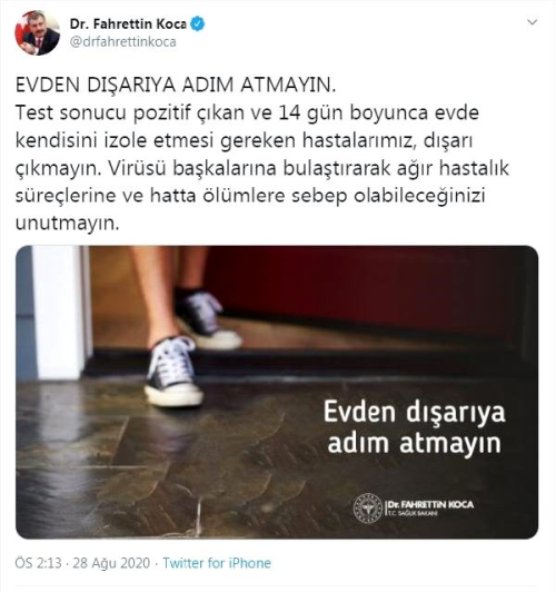 Bakan Koca'dan test sonucu pozitif kan hastalara 'darya kmayn' uyars