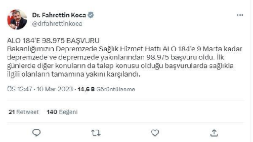 Bakan Koca: Depremzede salk hattna 98 bin 975 bavuru oldu