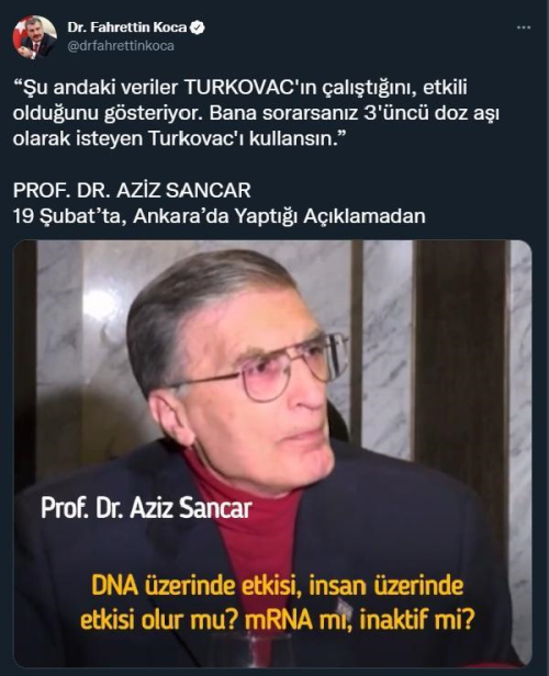 Bakan Koca, DHA'nn Aziz Sancar ile yapt rportaj paylat: Veriler Turkovac'n etkili olduunu gsteriyor