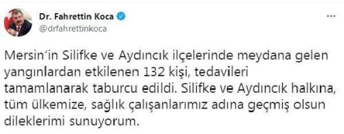 Bakan Koca: Mersin'de yangndan etkilenen 132 kii taburcu edildi