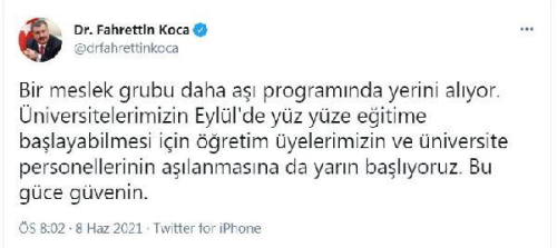 Bakan Koca: ��retim �yeleri ve �niversite personelinin a��lanmas�na yar�n ba�l�yoruz