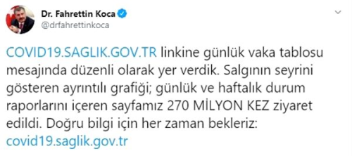 Bakan Koca: Sayfamz 270 milyon kez ziyaret edildi