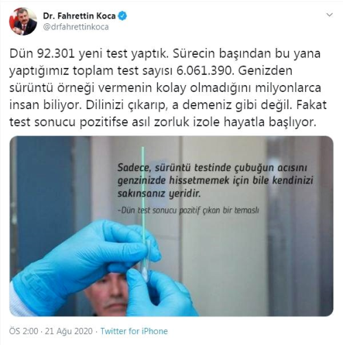 Bakan Koca: Test sonucu pozitifse asl zorluk izole hayatla balyor
