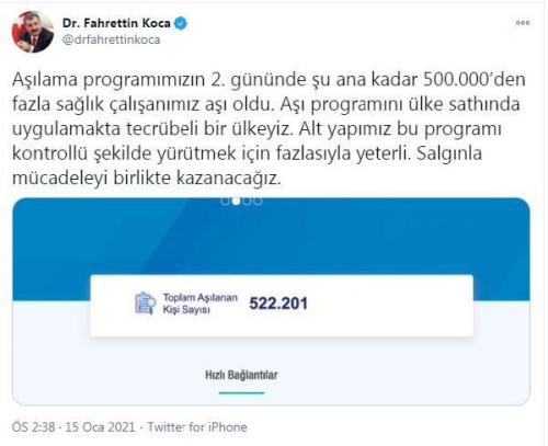 Bakan Koca lkenin altyapsnn Kovid-19 a programn yrtmek iin yeterli olduunu syledi Aklamas