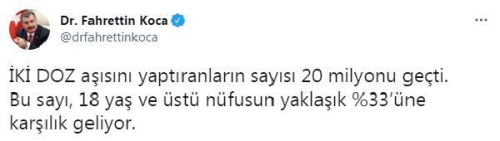 Bir doz a yapanlarn says 39 milyonu, iki doz a yaptranlarn says 20 milyonu geti