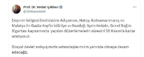 Deprem B�lgesinde Genel Sa�l�k Sigortas� D�zenlemeleri Uzat�ld�