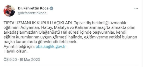 Deprem blgesinde tp ve di hekimlii uzmanlk eitimi alanlar, baka kurumlarda grevlendirilebilecek