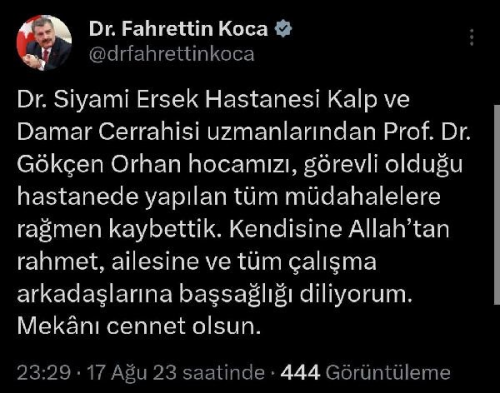 Dr. Siyami Ersek Hastanesi'nde Kalp ve Damar Cerrahisi Uzman Prof. Dr. Gken Orhan Vefat Etti