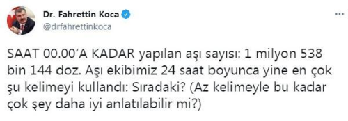Koca: 1 milyon 538 bin 144 doz a yapld