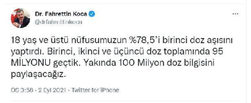 Koca: 18 ya ve st nfusumuzun yzde 78,5'i birinci doz asn yaptrd