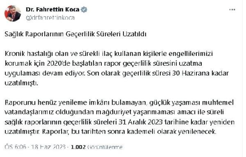 Kronik hastal olan ve engelli vatandalarn salk raporlar sresi uzatld