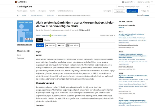 rencinin akll telefon bamll ile damar kalnl arasndaki ilikiyi inceledii proje Cambridge University Press'te yaymland