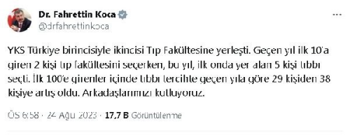 Salk Bakan Fahrettin Koca, Tp Fakltesini tercih eden rencileri tebrik etti