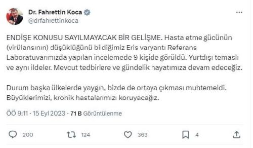 Salk Bakan Fahrettin Koca: Trkiye'de Eris varyant 9 kiide grld