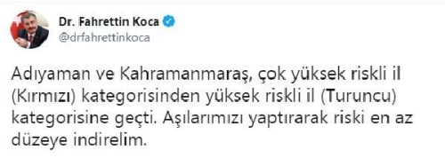 Son dakika! Bakan Koca: 2 il krmz kategoriden turuncu kategoriye geti