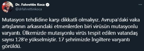 Son dakika haberi: Bakan Koca: Mutasyonlu virs tespit edilen vatanda says 128'e ykseldi