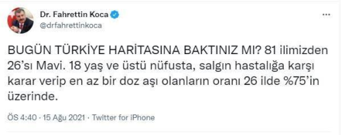 Son dakika haberleri: Bakan Koca: 26 ilimiz mavi