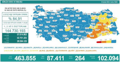 Trkiye'de 87 bin 411 kiinin Kovid-19 testi pozitif kt, 264 kii yaamn yitirdi